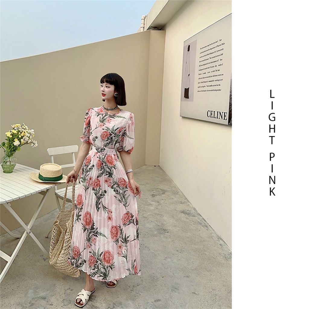 Summer Dress Sweet Round Neck Flower Chiffon Dress-pink color maxi dress