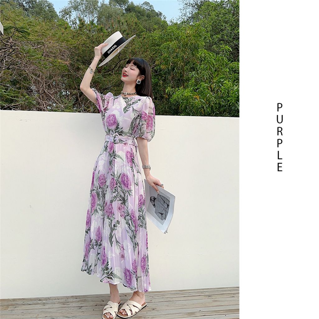 Summer Dress Sweet Round Neck Flower Chiffon Dress-purple color maxi dress