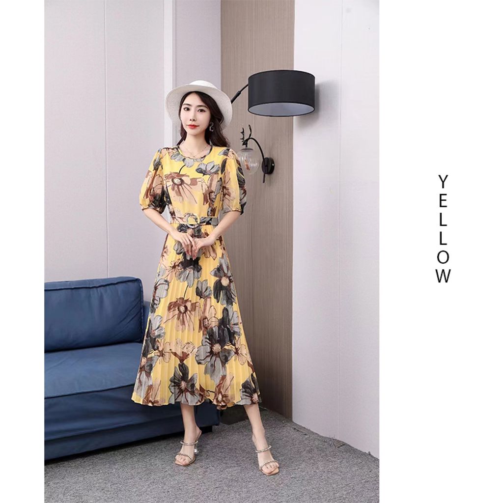 Summer Dress Sweet Round Neck Flower Chiffon Dress-yellow color maxi dress