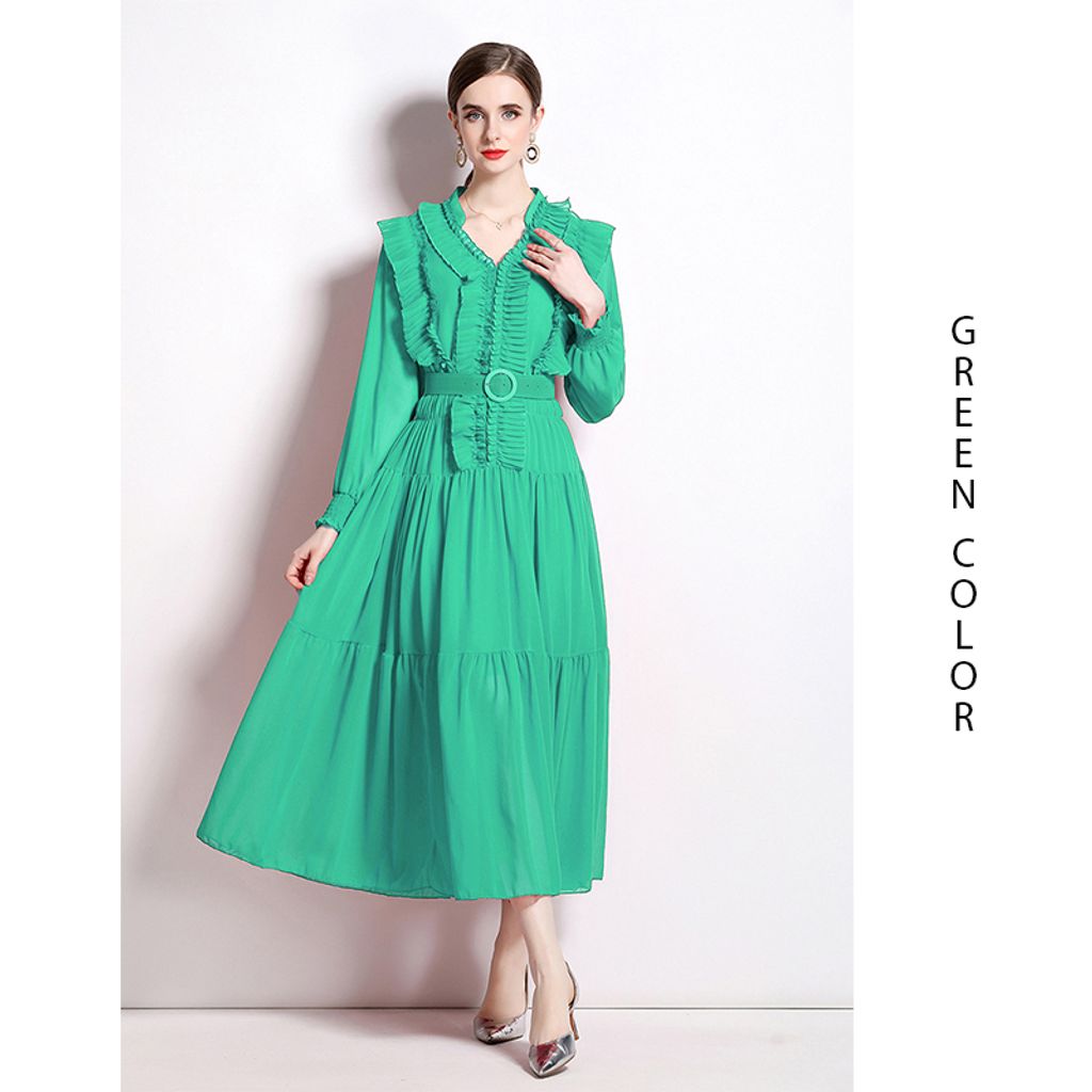 V-neck Chiffon Long Dress-Green color dress