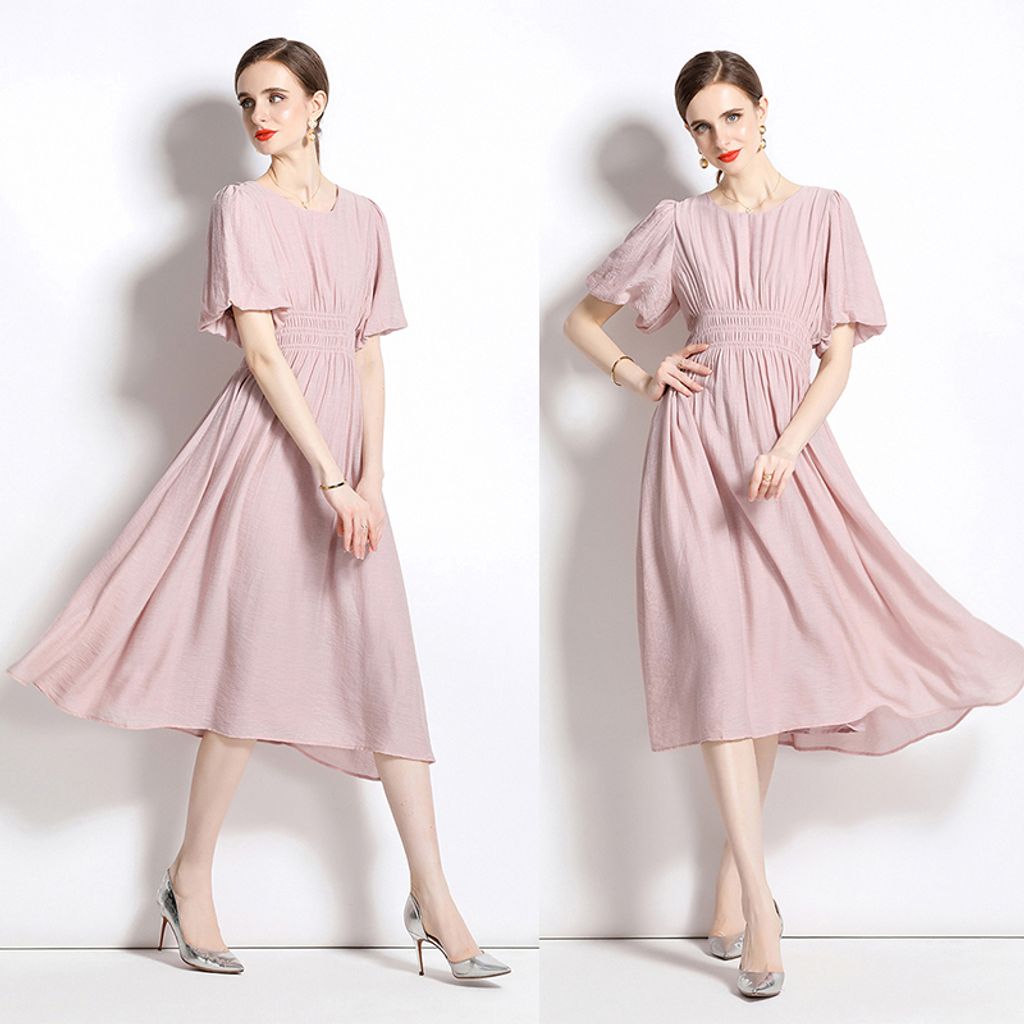 Puff Sleeve Mid-length Dress-Lotus color midi dress