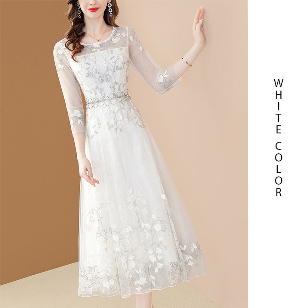 Chic Beaded Mesh Yarn Embroidery Dress-White color dress
