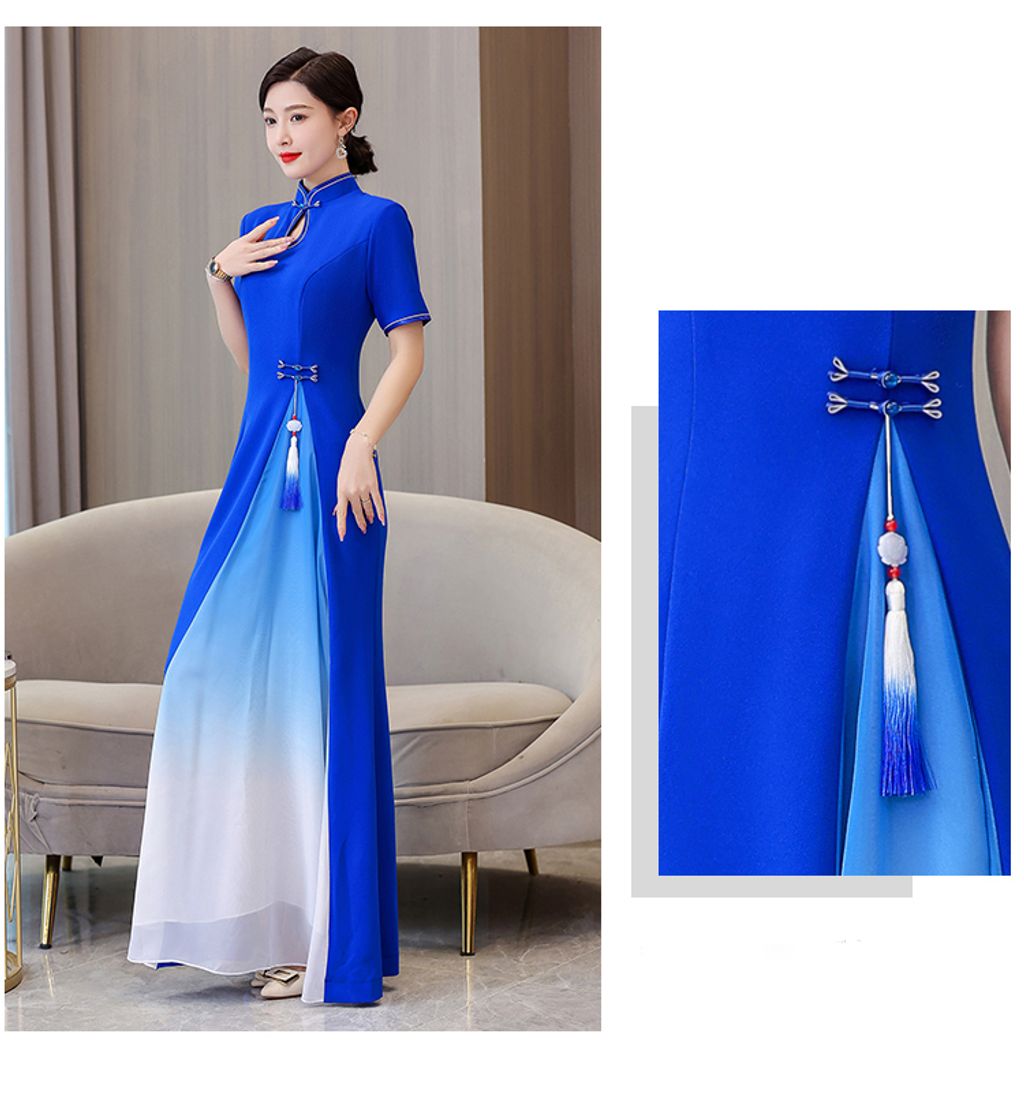 High-end Cheongsam Long Dress-Blue color cheongsam