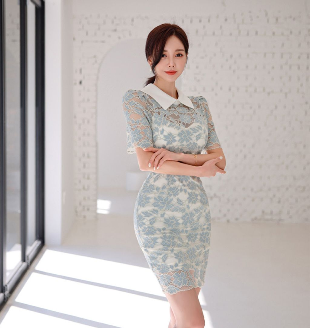 Elegant Shirt Collar Lace Mini Dress