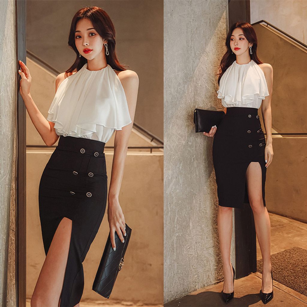 White Ruffle Top + Black Color Skirt Two Piece Set