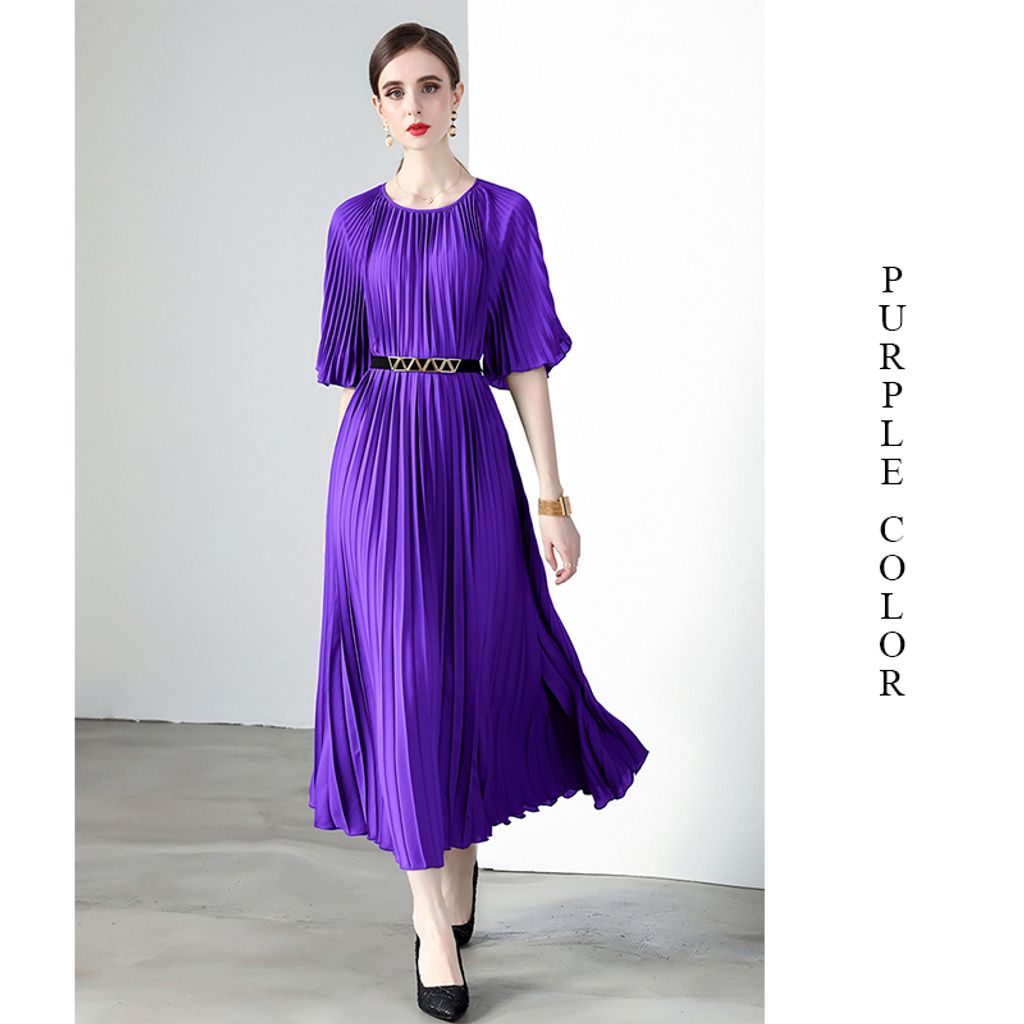 Miyake Pleated Long Dress-Purple color dress