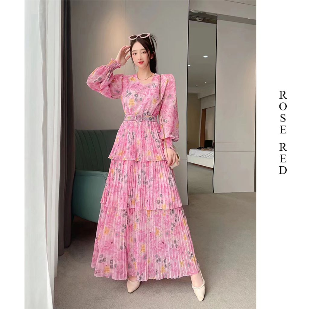 Super Fairy Floral Layered Long Dress-Rose red color chiffon dress