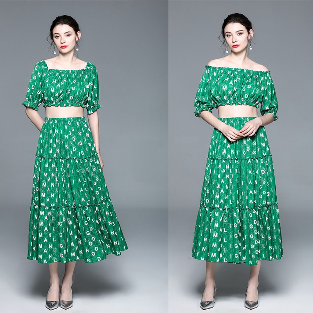 Off Shoulder Green Letter Printed Crop Top + Skirt Two Pieces Set