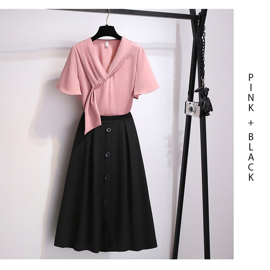 Pink Top + Black Skirt Two Piece Set