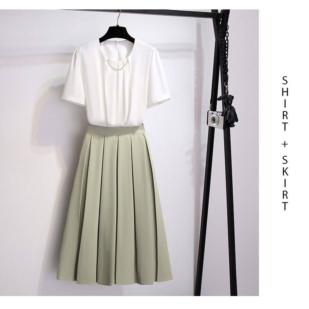 White Shirt + Pleated Skirt Two Piece Set