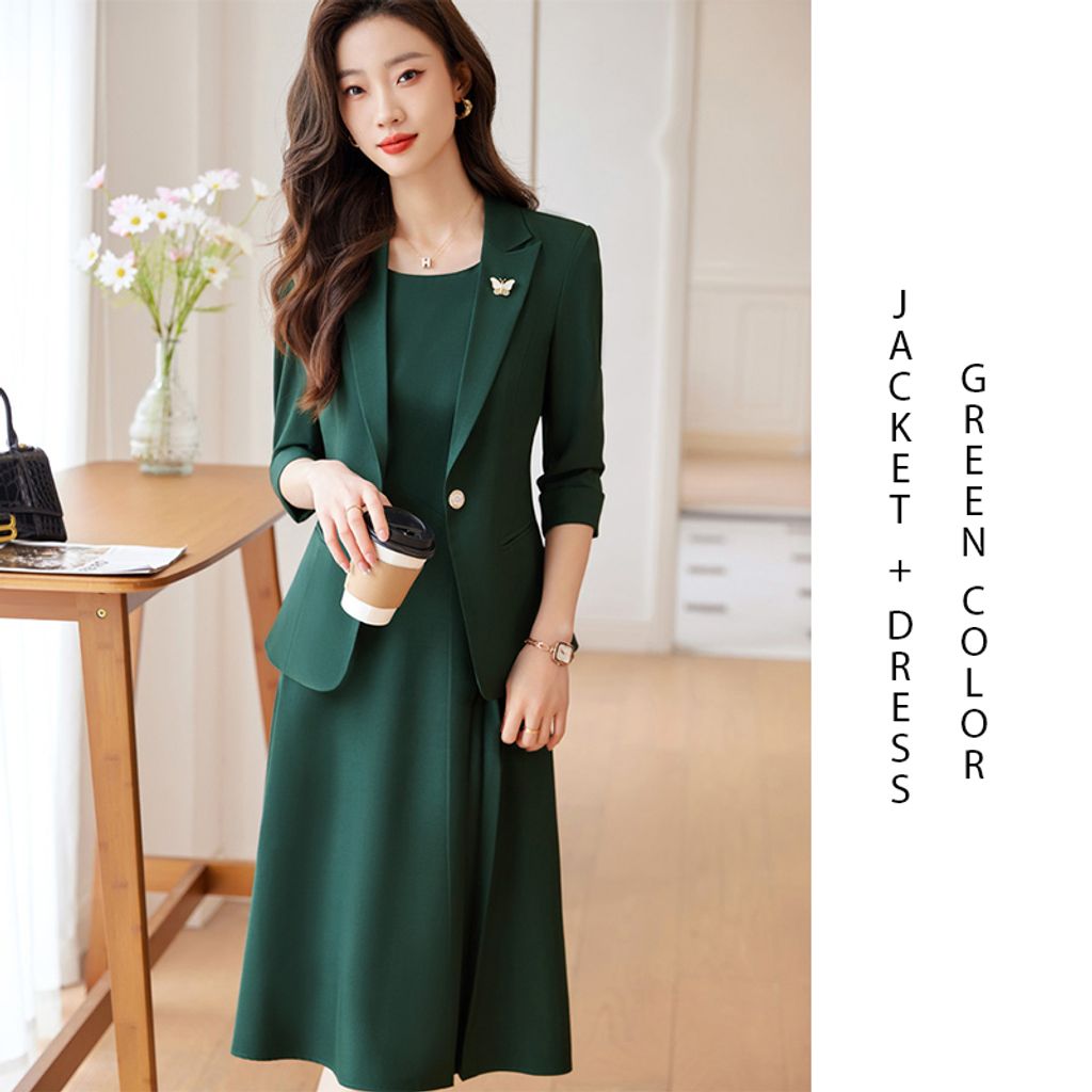 Suit Jacket + Dress Office Wear Two Pieces Set-Green color