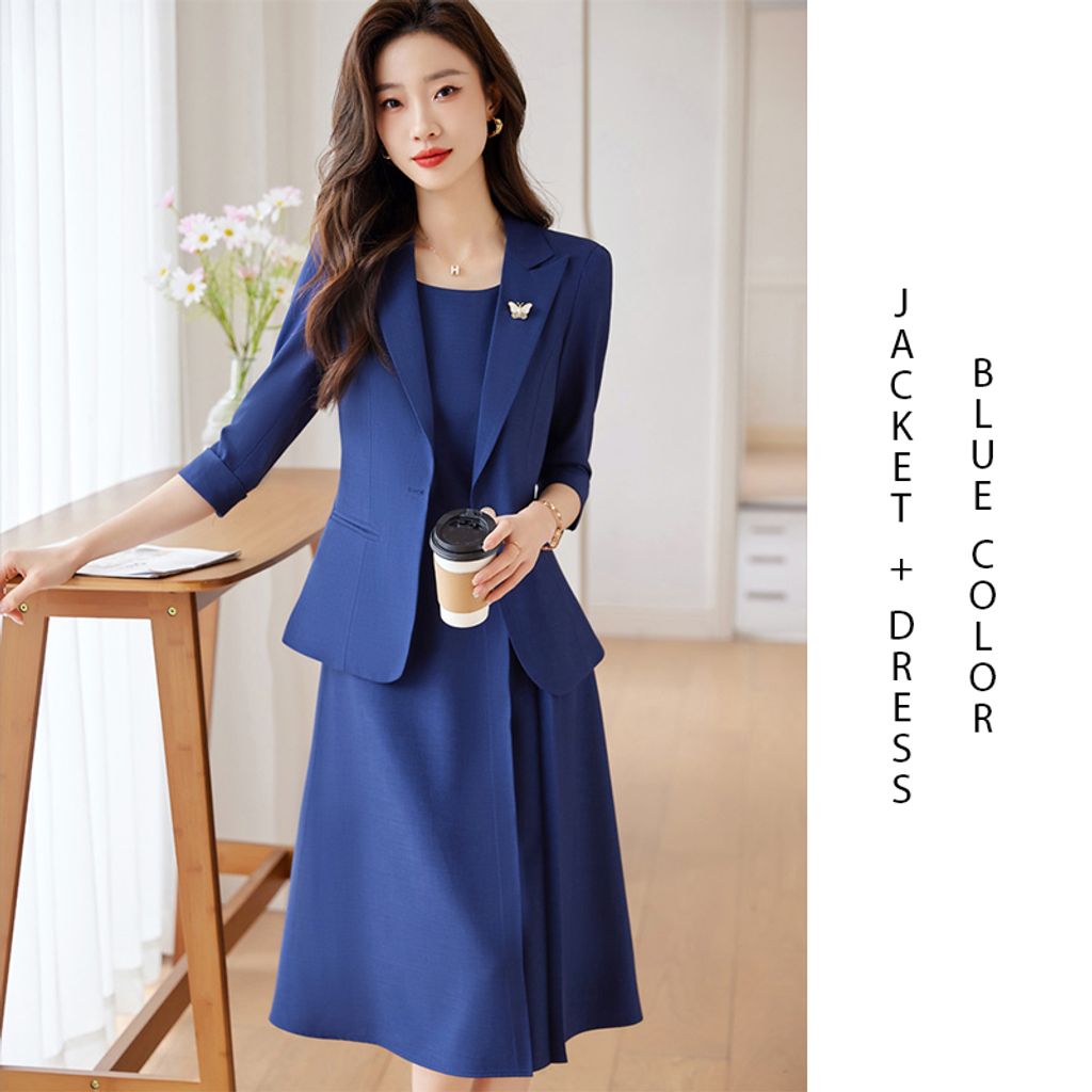 Suit Jacket + Dress Office Wear Two Pieces Set-Blue color