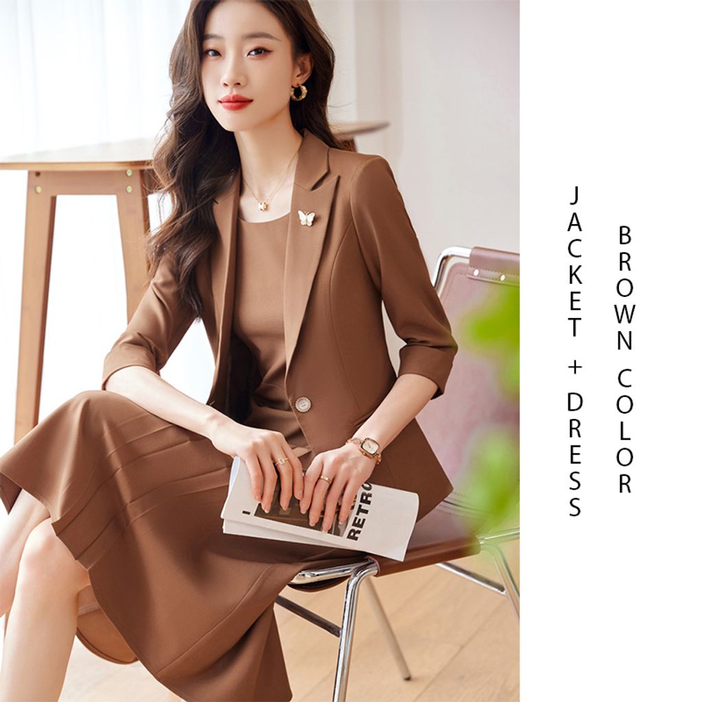 Suit Jacket + Dress Office Wear Two Pieces Set-Brown color
