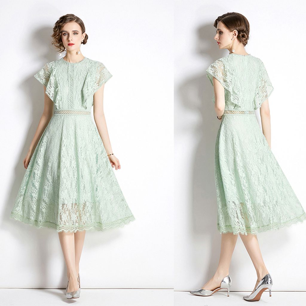 Green Lace Hollow Mid-length Dress