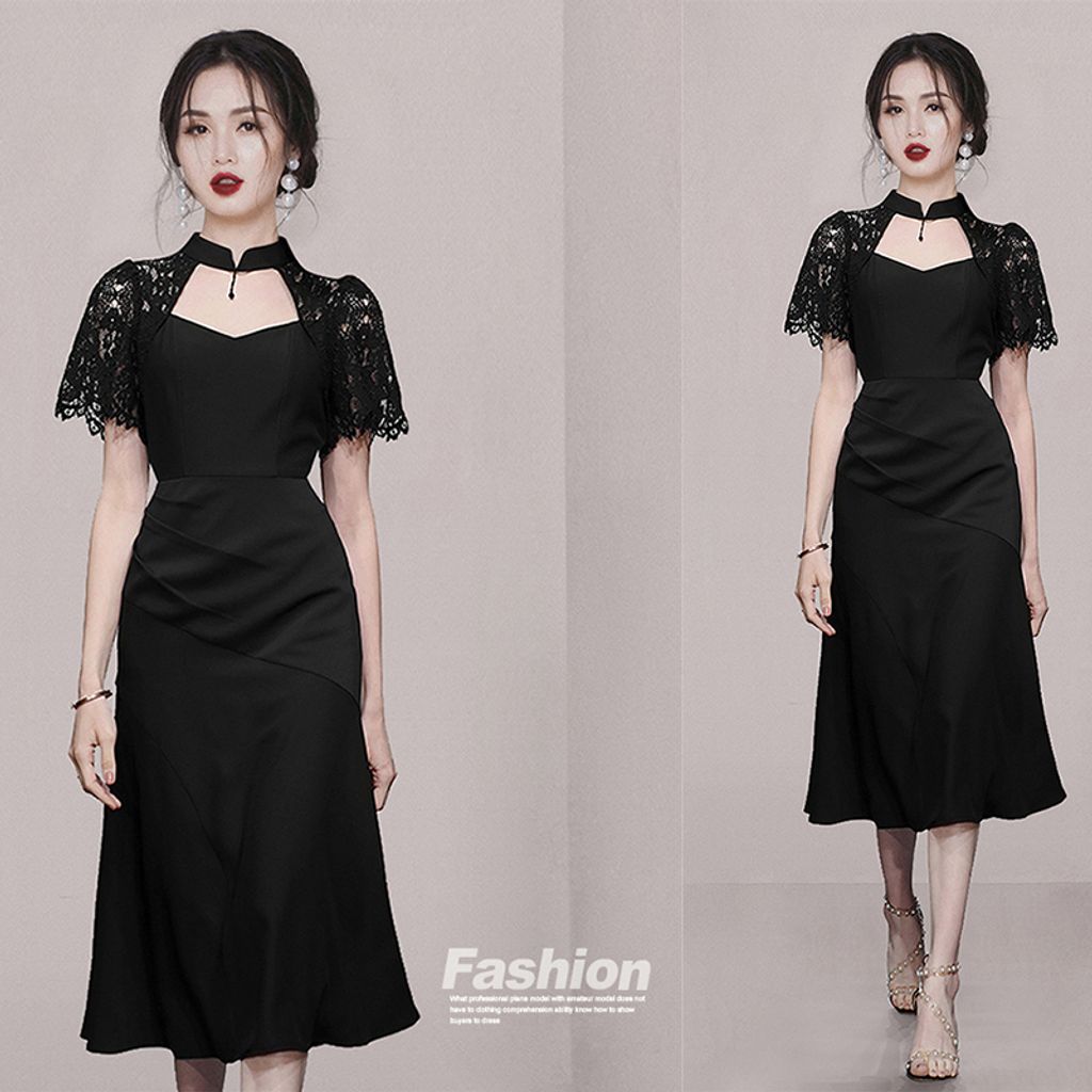Black Leaky Lace Sleeves A-line Dress