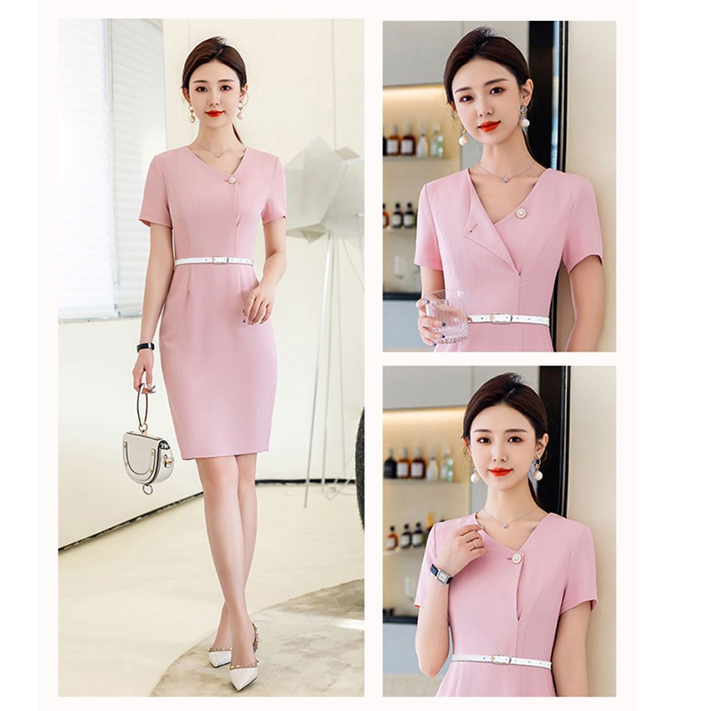 Short- sleeved Professional Dress-Pink color office wear dress