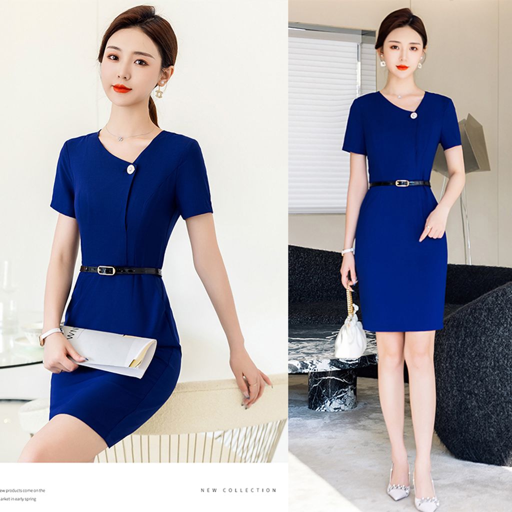 Short- sleeved Professional Dress-Dark blue office wear dress
