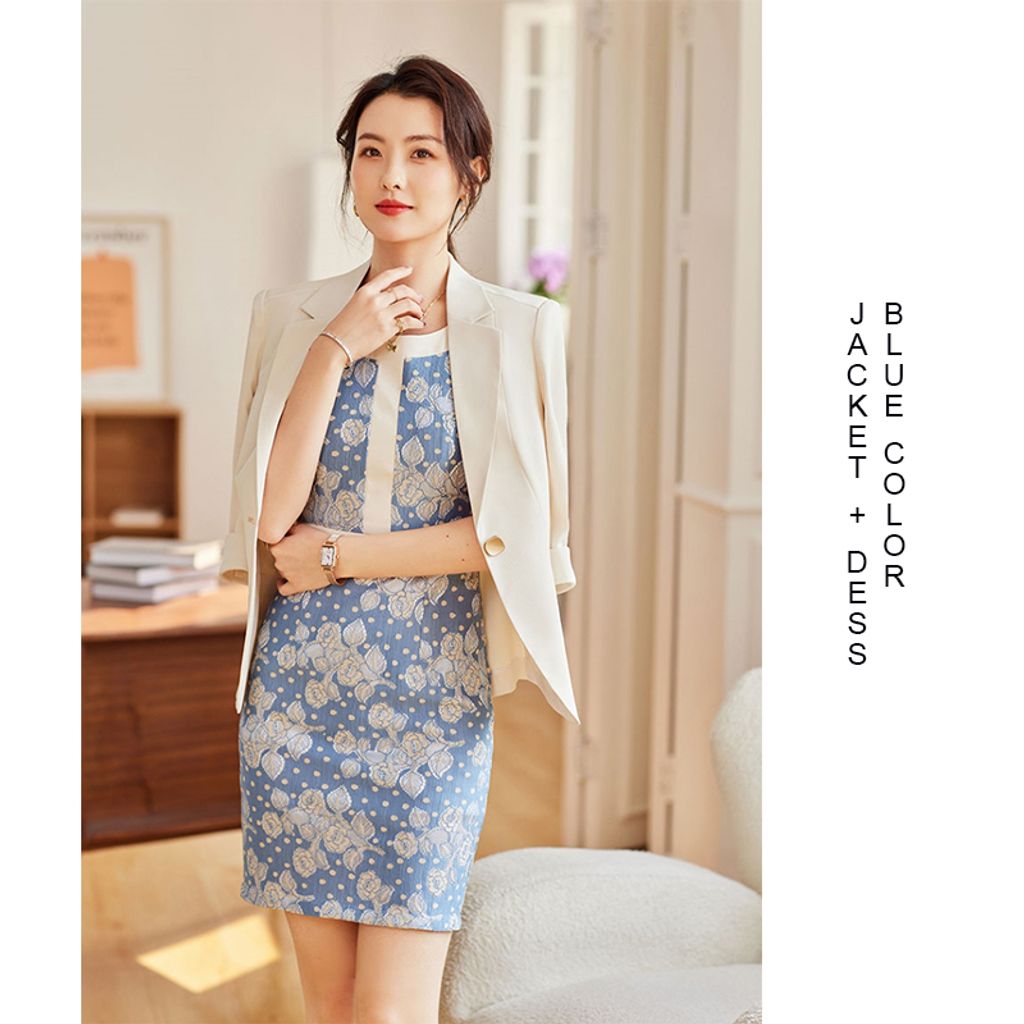 Women's Jacket + Lace Dress Two Pieces Suit Set-Blue color set