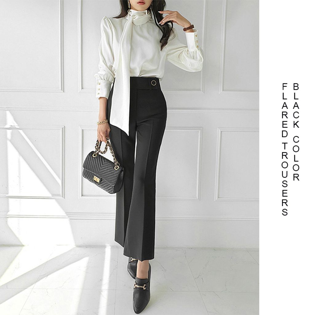High Waist Nine-point Slightly Flared Trousers-Black color womens pants
