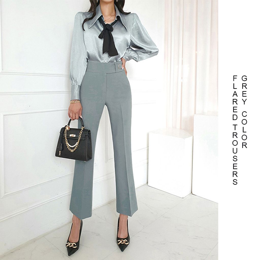 High Waist Nine-point Slightly Flared Trousers-Grey color womens pants
