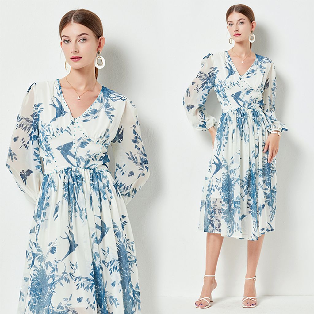 Blue And White V-neck Chiffon Mid-length Dress
