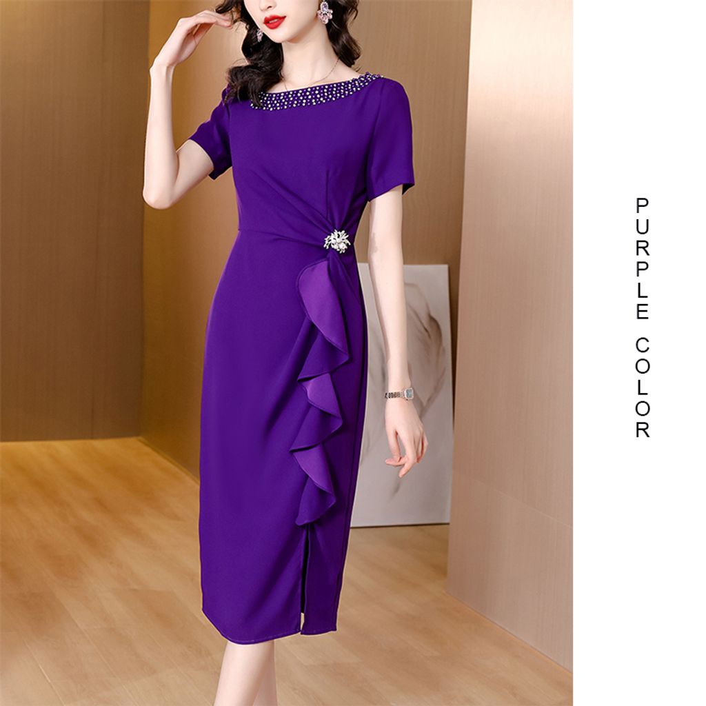 Purple Slanted Collar Elegant Dress