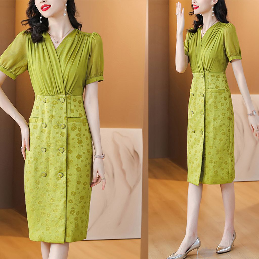 V-neck Mustard Green Splicing Dress
