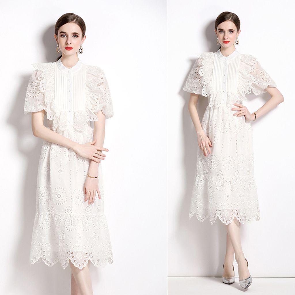 White Mid-length Hollow Ruffles Dress