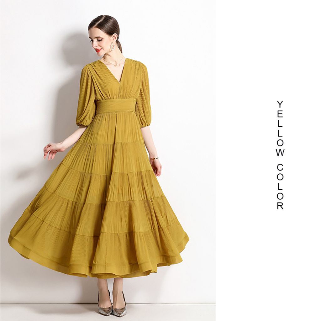 V-neck High Waist Puff Sleeve Pleated Long Dress-Yellow color