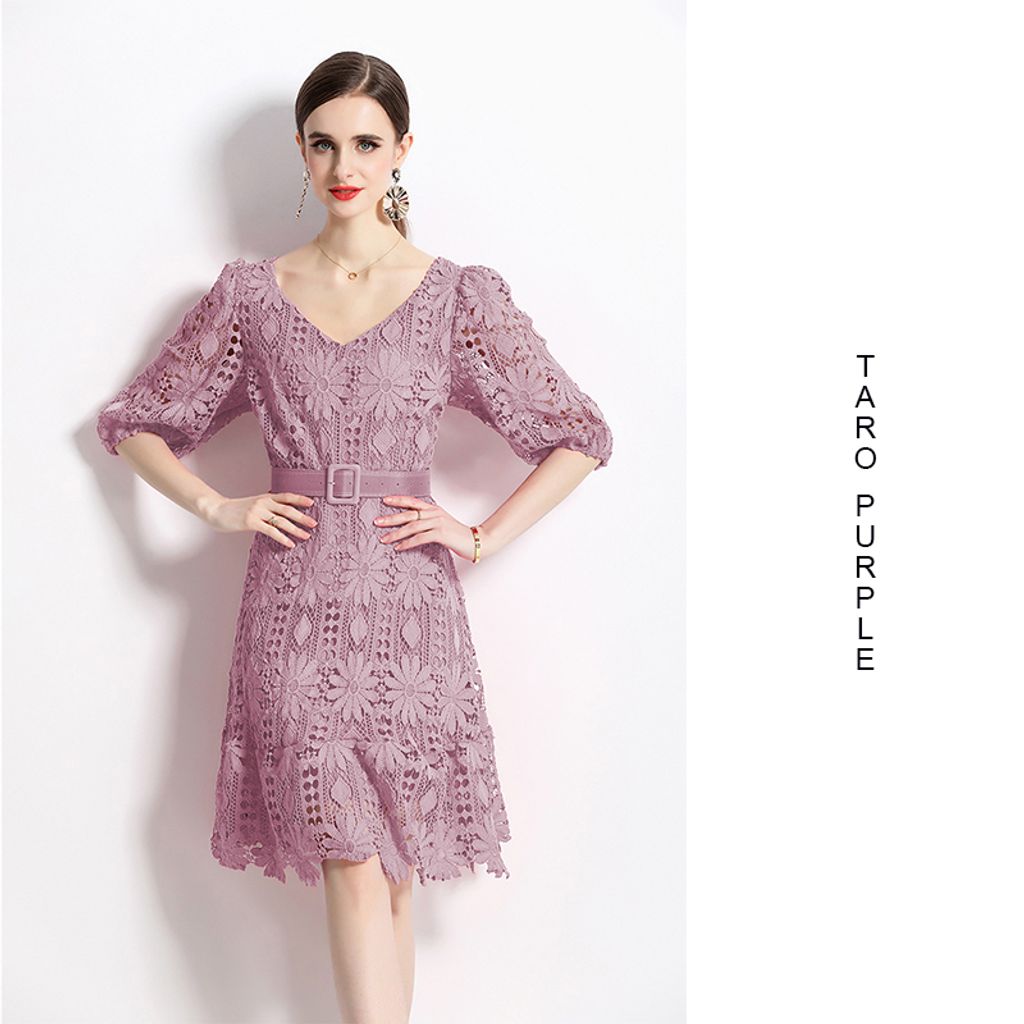 V-neck Hook Flower Lace Dress-Taro purple color lace dress