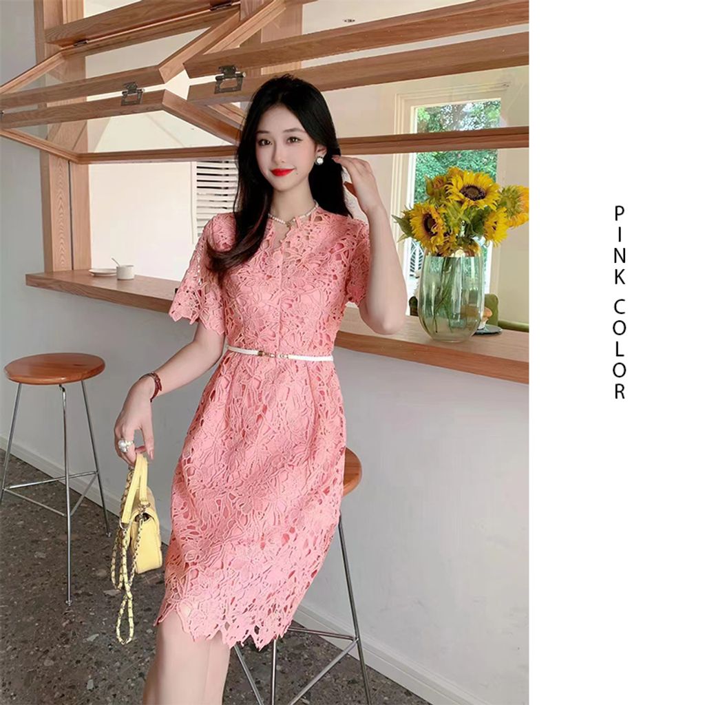 Hook Flower Lace Dress-Pink color