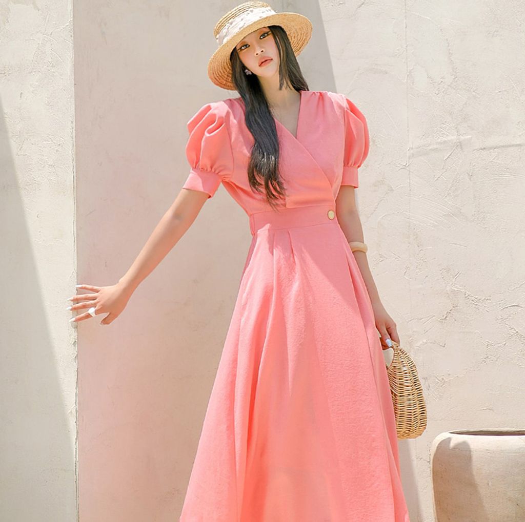 Pink Puff Sleeve Wrapped Dress
