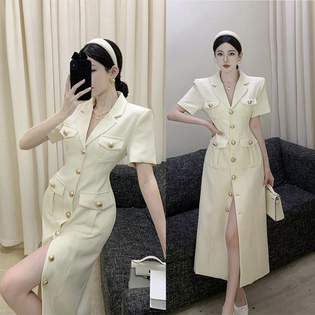 Short-sleeved Suit Single-breasted Dress-Off white color
