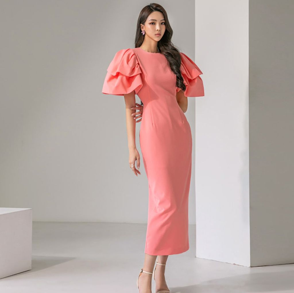 Pink Piled Sleeves Korean Style Dress