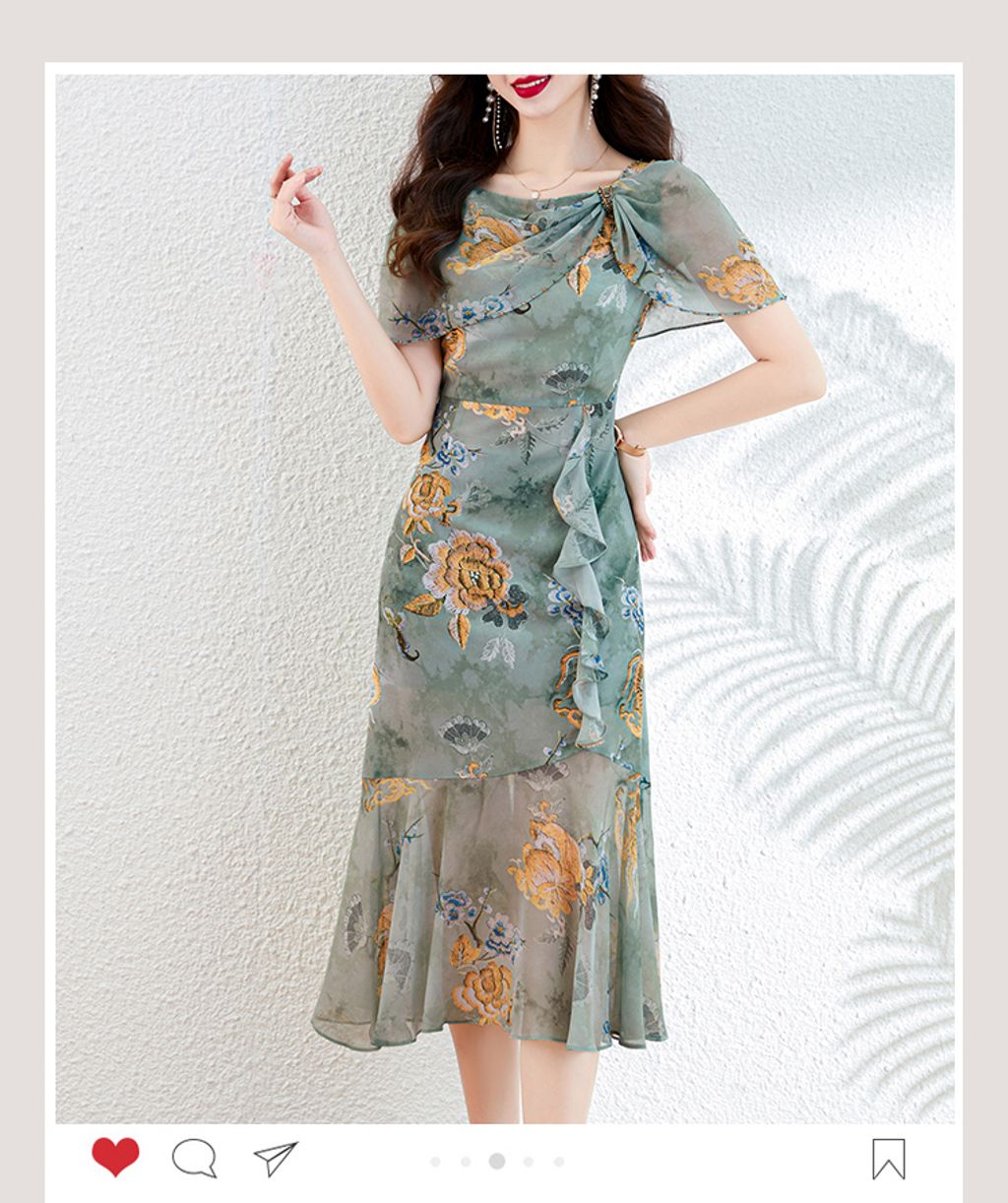 Chiffon Fairy Floral Dress-Green color