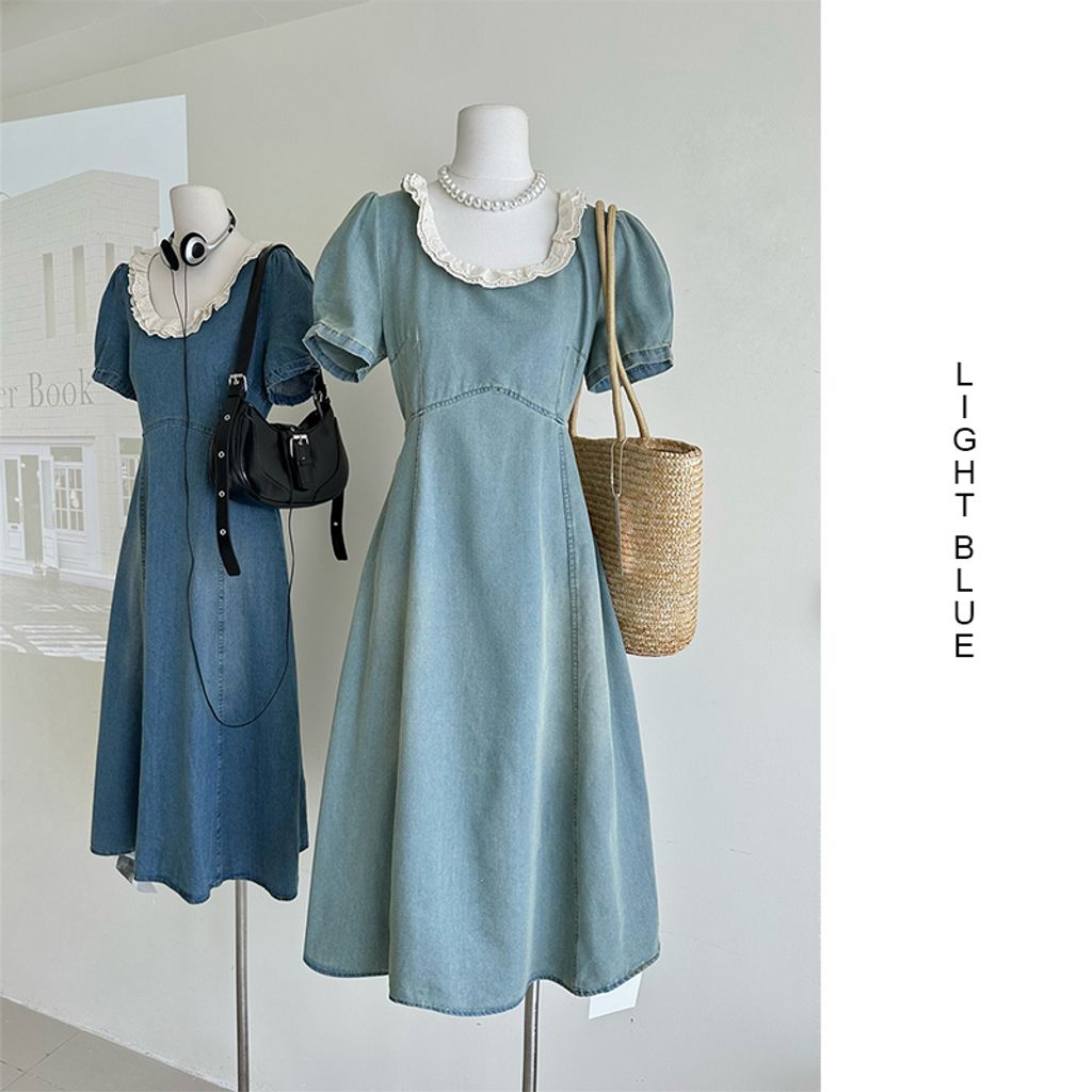 Retro Denim Sweet Denim Dress-Light blue