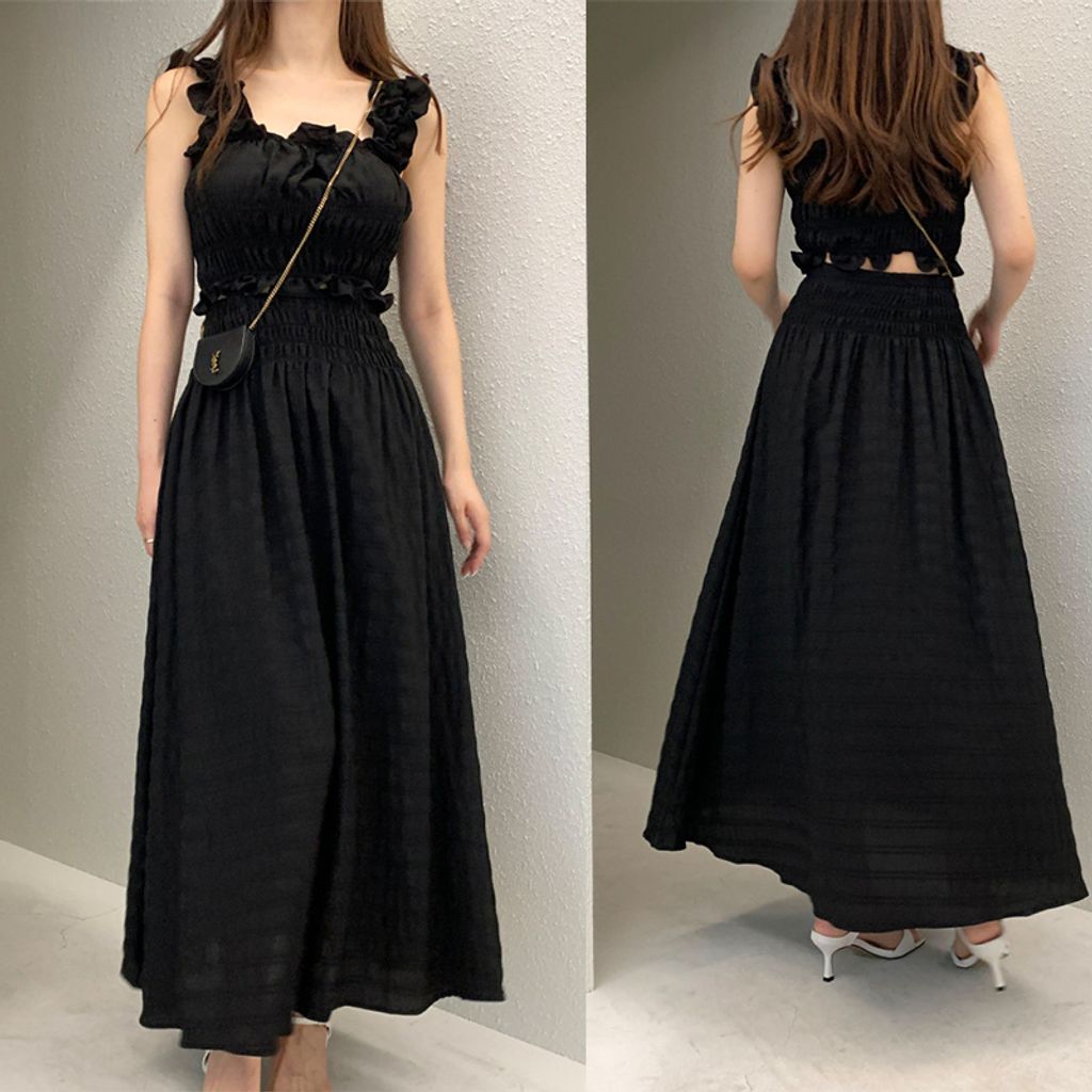 Short Camisole + High Waist Skirt Two-piece Set-Black color