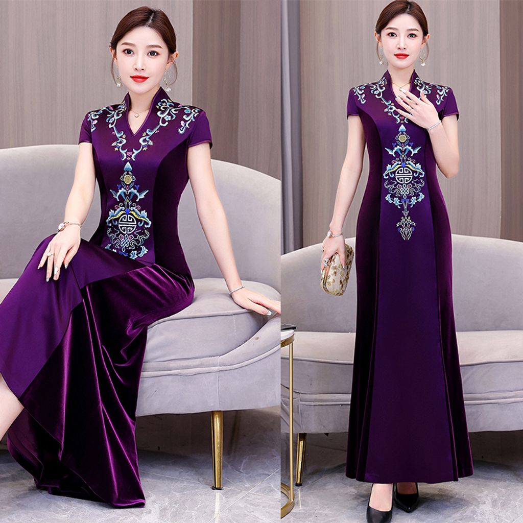 Retro Embroidery Fishtail Evening Dress-Purple color