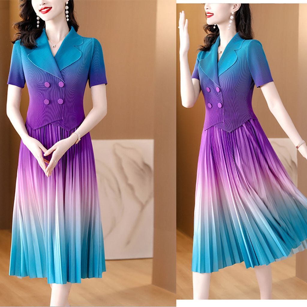 Miyake Pleated Fake Two Dress-Purple color