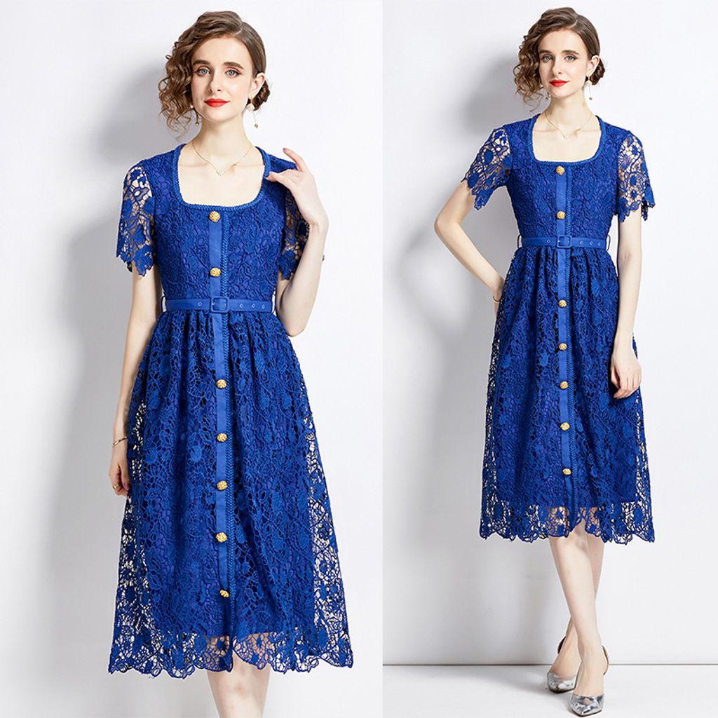 Retro Square Collar Lace Mid-length Dress-Blue color