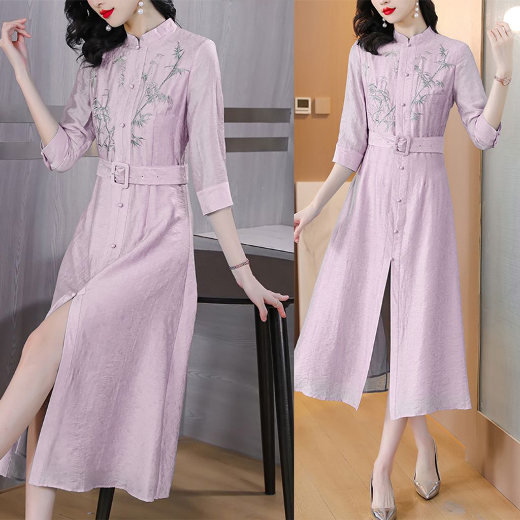 Retro Embroidery Cheongsam Dress-Light purple