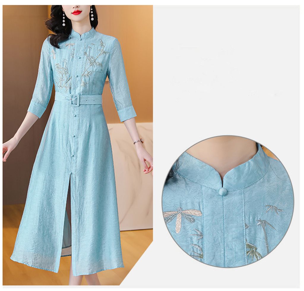 Retro Embroidery Cheongsam Dress-Light blue
