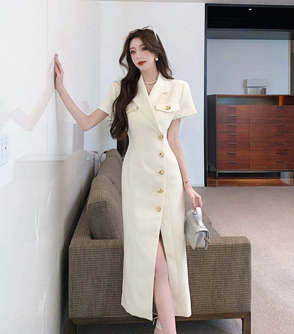 Suit Collar Slit High End Dress-Apricot color
