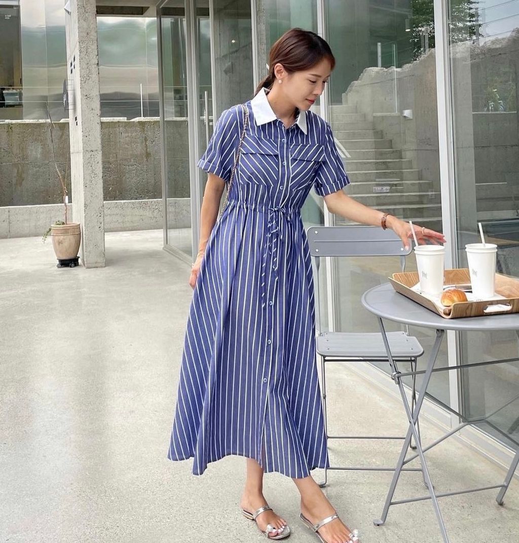 Korean Style Elegant Striped Casual Dress-Navy blue color