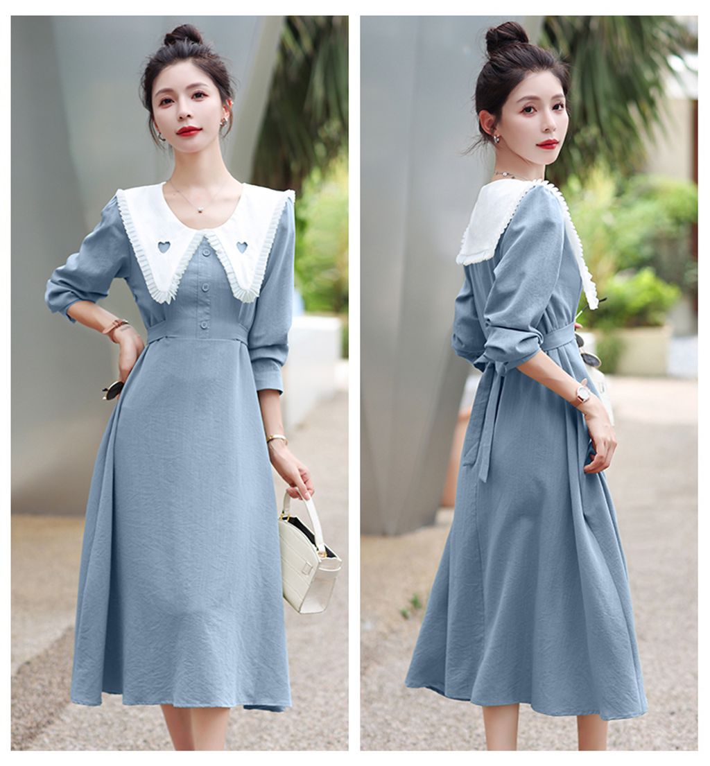 Long-sleeved Sweet Doll Collar Dress-Haze blue