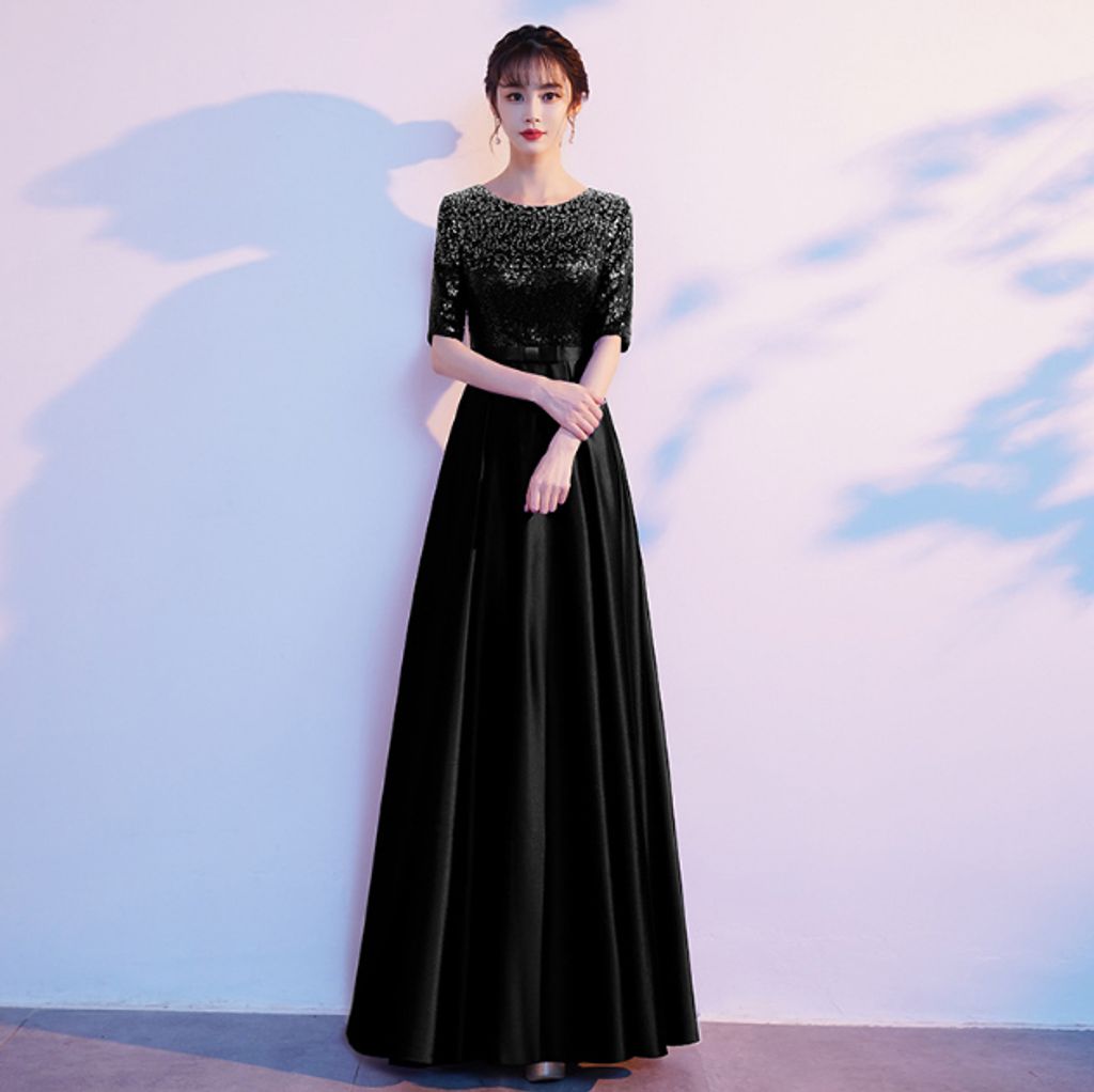 Sequin Stitching Satin Elegant Evening Dress-Black color