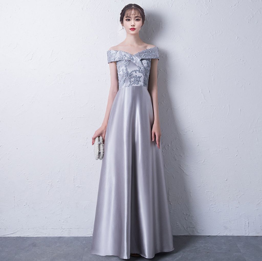 Off Shoulder Dignified Banquet Evening Dress-Silver gray
