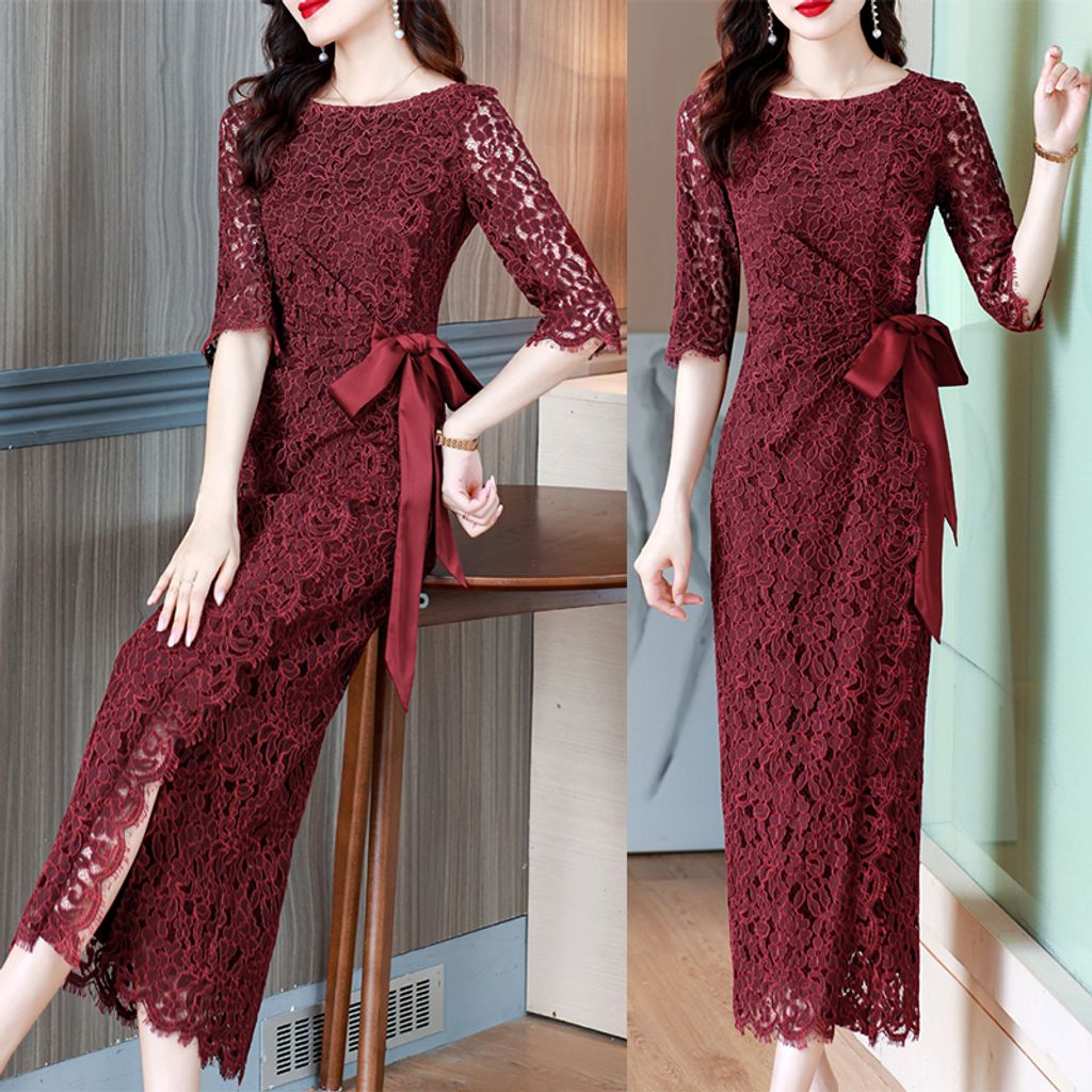 Retro Wine Red Elegant Lace Dress
