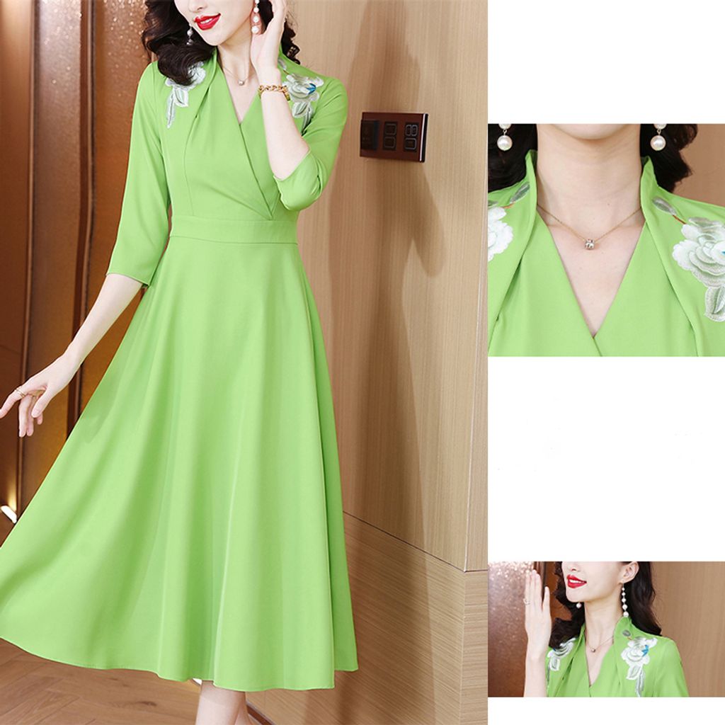 Light Green Retro Epiphyllum Embroidered Elegant Dress