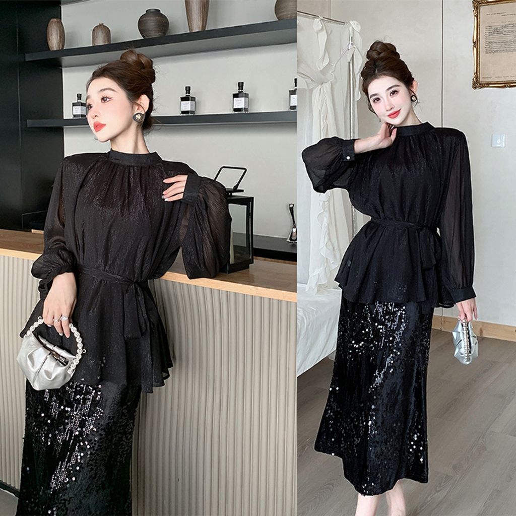 Long Sleeve Chiffon Shirt + Velvet Sequin Skirt Two Pieces Set-Black color